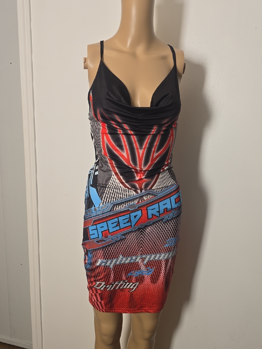 Graphic 'Speed Race' Racer Print Bodycon Dress - Black, Red, Blue - Small